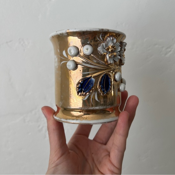 Antique Porcelain gilded German Back-stamp Lusterware Shaving Mug flowers vine - Picture 8 of 13